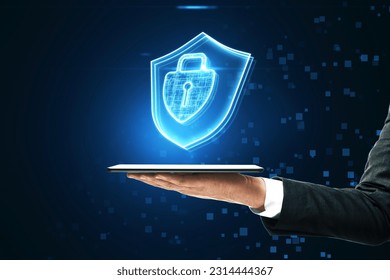 Internet security, cyber access protection and online safety concept with keyhole inside closed padlock and shield hologram above businessman hand with digital tablet on abstract dark pixel background - Powered by Shutterstock