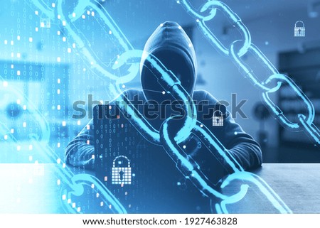 Internet security and data protection concept with noface hacker with laptop and digital screen with chain, coding numbers and locks. Double exposure