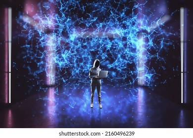 Internet security and personal data protection concept with front view on anonymous in hoody with laptop on abstract digital cyberspace background