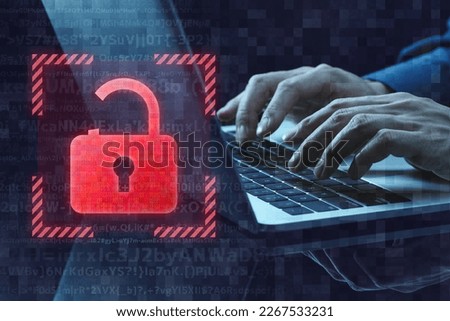 Internet security vulnerability image. Unlocked padlock icon and laptop. Close up of hands typing.