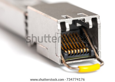 Internet SFP (Small Form-factor Pluggable)  network modules for network switch close up. Isolated.