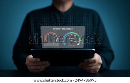 Internet speed bandwidth for network connection. Man using a digital tablet to test wireless networking or 5G cellular speed in Mbps or Gbps quality. WiFi 7 download or upload transfer rate.