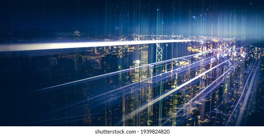 Internetgeschwindigkeit Datenverbindungsnetz Rahmen Moderne industrielle Skyline-Stadtstruktur, Städtisches Internet der Dinge Konzepte Wireless-Technologie Informationssystem, abstrakter blauer Hintergrund