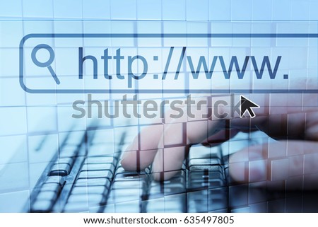 Internet Surfing. Man Hand and Virtual Browser with Search Icon
