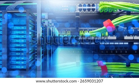 Internet technologies. Network equipment. Server racks. Industrial internet switch with wires. Network technologies. Equipment in data center. Server cabinets with high-speed routers