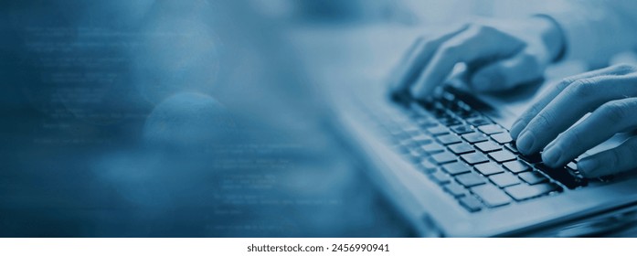 internet technology and computer science, closeup hands typing on keyboard, banner background with copyspace