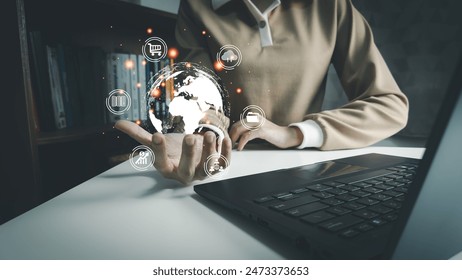 Internet technology, concept global data connection, user access Internet by laptop, big data, database management, cloud computing, cashless society