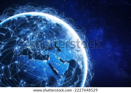 Internet technology with global communication network connected around the world for IoT, telecommunication, data transfer, international connection links, finance, business, blockchain, security.
