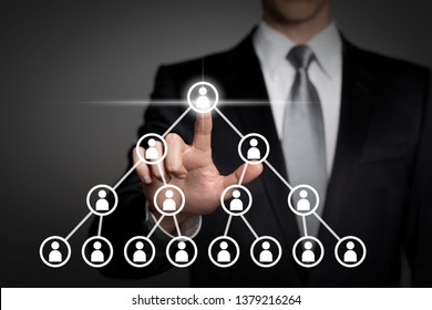 internet, technology, network, business concept - businessman in suit presses virtual touchscreen interface button - pyramid scheme - Shutterstock ID 1379216264