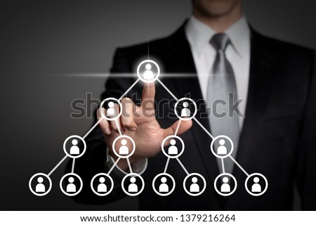 internet, technology, network, business concept - businessman in suit presses virtual touchscreen interface button - pyramid scheme