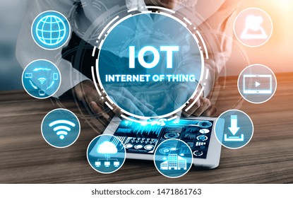 Internet of Things and Communication Technology Concept - Modern graphic interface showing smart information and digital lifestyle in application software for home and business use.