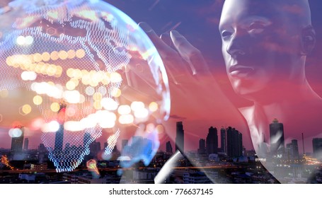 Internet Of Things Disruption Everything , Neural Network , Power Grid Energy , Artificial Intelligence Concept. 3d Rendering Of Robot ,world Building Twilight Sunset Of City Abstract Background.