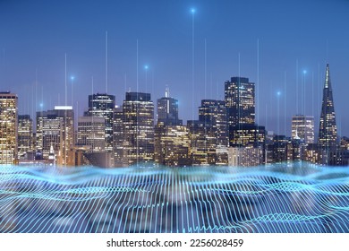 Internet of things, high speed connection and smart city concept with blue digital wire waves on New York city background, double exposure - Shutterstock ID 2256028459