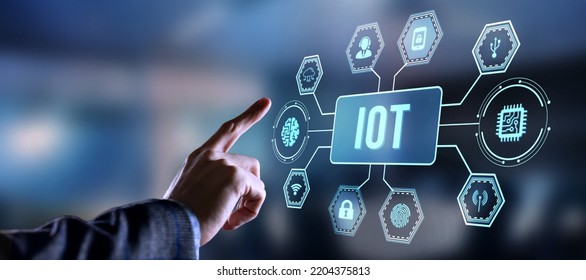 Internet of things - IOT concept. Businessman offer IOT products and solutions. Internet, business, Technology and network concept. Virtual button. - Shutterstock ID 2204375813