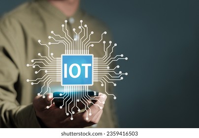 Internet of things (IoT) concept. Intelligence mobile control process, digital management, digital transformation technology on virtual screen.