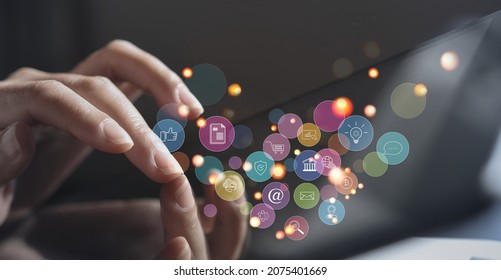 Internet Of Things IoT, Digital Marketing, Online Shopping Concept, Woman Using Digital Tablet With Internet Network Connection, Social Media, Technology Icons On Virtual Screen