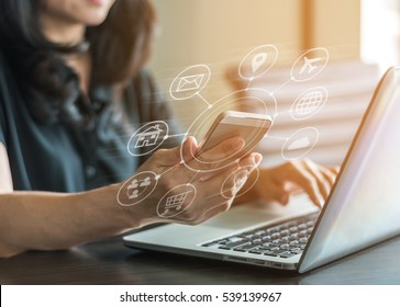 Internet of things - IOT and digital marketing via multi-channel communication network on mobile smart device application technology - Shutterstock ID 539139967
