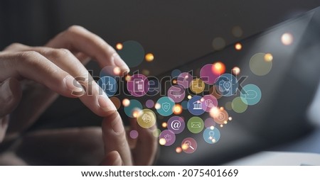 Internet of Things IoT, digital marketing, online shopping concept, Woman using digital tablet with internet network connection, social media, technology icons on virtual screen