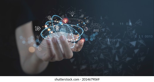 Internet of Things, IoT, global network technology, digital marketing, software development, big data, business intelligence concept. Woman hand with global network, technology icons on virtual screen