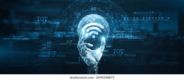 Internet of Things (IoT), Hands of robot hold Internet of Things network connection, data analytics, automation, and smart technology. - Powered by Shutterstock - Get 15% off with code: PIKWIZARD15