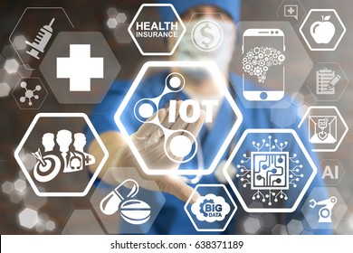 Internet Of Things (IoT) Health Care Concept. Doctor Pressing Icon IOT Nano Atom On Virtual Screen. Smart Hospital, Intelligent Clinic. Digital IT Medicine. Medical Information Technology.