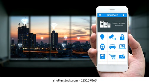 Internet Of Things , Iot , Smart Home , Smart City And Network Connect Concept. Human Hand Holding White Phone And Application With City Sunset View Background And Wifi Icons