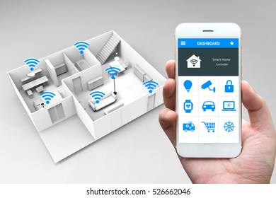 Internet Of Things , Iot , Smart Home And Network Connect Concept. Human Hand Holding White Phone And Smart Home Application With 3d Rendering Room And Wifi Icons