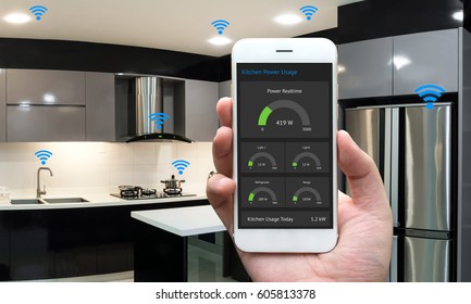 Internet Of Things , Iot , Smart Home , Kitchen , Network Connect Concept. Human Hand Holding White Phone, Smart Home Application To Count Power Usage Application And Wifi Icon With Kitchen Background