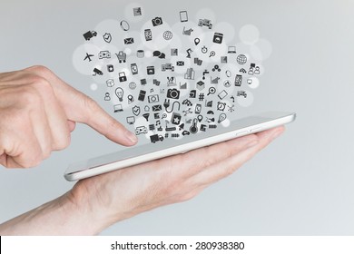 Internet of things (IoT) and smart machines concept with hands holding tablet
