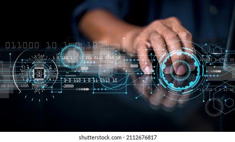 internet of things, IoT, software technology development concept, sensor and network connection, programmer writing code on laptop computer with virtual screen technology interface.