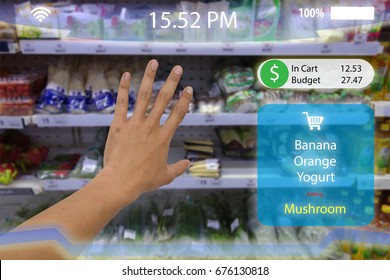 Internet Of Things, Iot,man Hand Try To Pick The Product In To The Cart With Augmented Reality Technology With Virtual Reality Display Screen Which Show The Product And Subtotal In The Retail Or Store