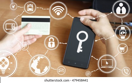 Internet Of Things Key Open Start Smart Home Network Security Protection Businessman Communication Online Smartphone Cyber Web Credit Card. Internet Concept, Technology. Connection, Insurance, Support