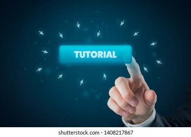 Internet tutorial concept. Man click on button with text tutorial.