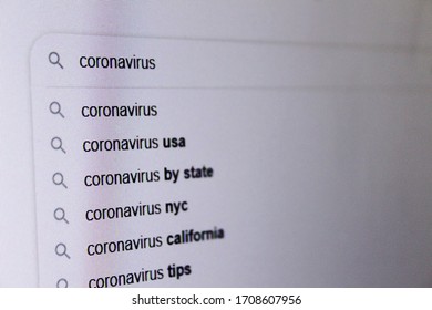 Internet Web Search Page For The Word Coronavirus With A Choice Of Associated Keywords. Space For Text. White Background.