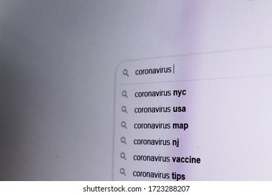 Internet Web Search Page For The Word Coronavirus With A Choice Of Associated Keywords. Space For Text. White Background