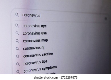 Internet Web Search Page For The Word Coronavirus With A Choice Of Associated Keywords. Space For Text. White Background