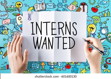 Interns Wanted text with hands and colorful illustrations