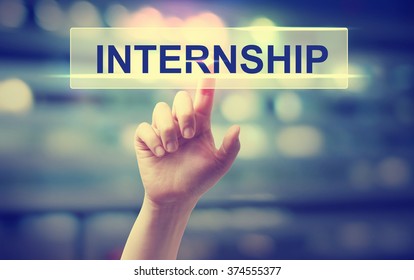 Internship Concept With Hand Pressing A Button On Blurred Abstract Background