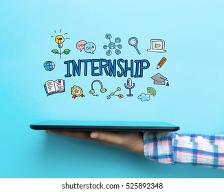 Internship Concept With A Tablet On Blue Background