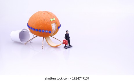 interplanetary flying shuttle made of mandarin with open doors takes a man