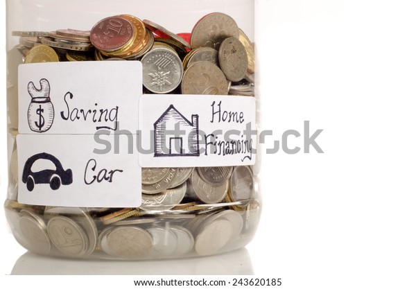 Interpretation of home financing, car saving and\
saving concept by using coin in the jar\
