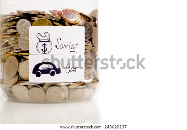 Interpretation of saving and car saving concept by using\
coin in the jar 