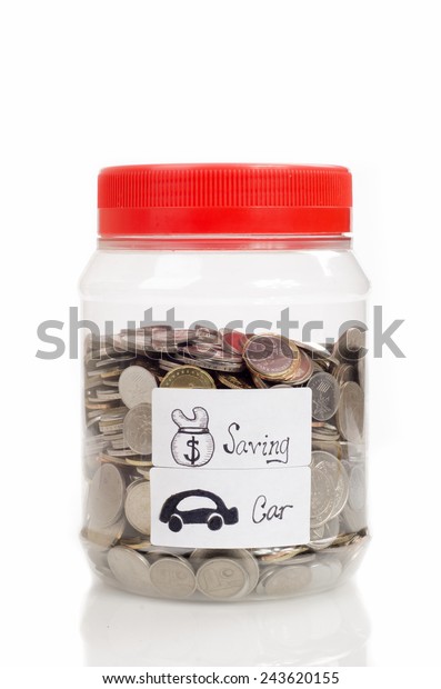 Interpretation of saving and car saving concept by using\
coin in the jar 