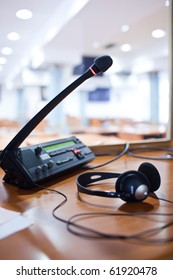 Interpreting - Microphone And Switchboard In An Simultaneous Interpreter Booth