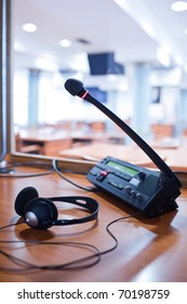 Interpreting - Microphone And Switchboard In An Simultaneous Interpreter Booth (color Toned Image)