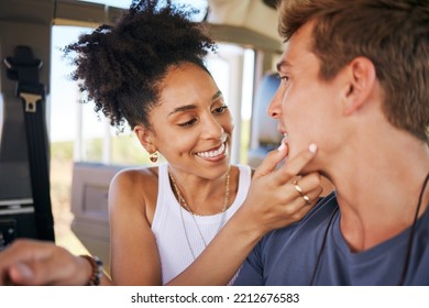 Interracial Couple, Love And Travel Care Touch Of A Black Woman Touching A Man Face In A Car. People Or Friends In Transport Ready For Summer Holiday, Vacation And Traveling Trip Together In A Motor