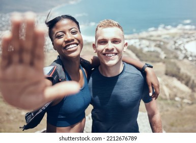 Interracial Couple, Selfie Or Hiking On Mountains In Nature Environment, Monaco Landscape Or Remote Countryside Hills. Portrait, Happy Smile Or Black Woman With Fitness Man In Social Media Photograph