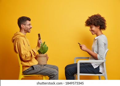 Interracial couple use modern gadgets sit opposite each other on chairs spend free time at home holds potted cactus isolated over yellow background use high speed internet. Technology concept
