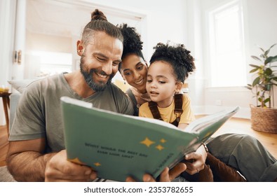 Interracial parents, child and reading with book, story and learning with care, love and teaching on floor. Father, mom and kid with education, knowledge and listening for development in family home - Powered by Shutterstock