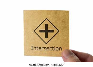 Intersection icon, brown stick note isolated on white background